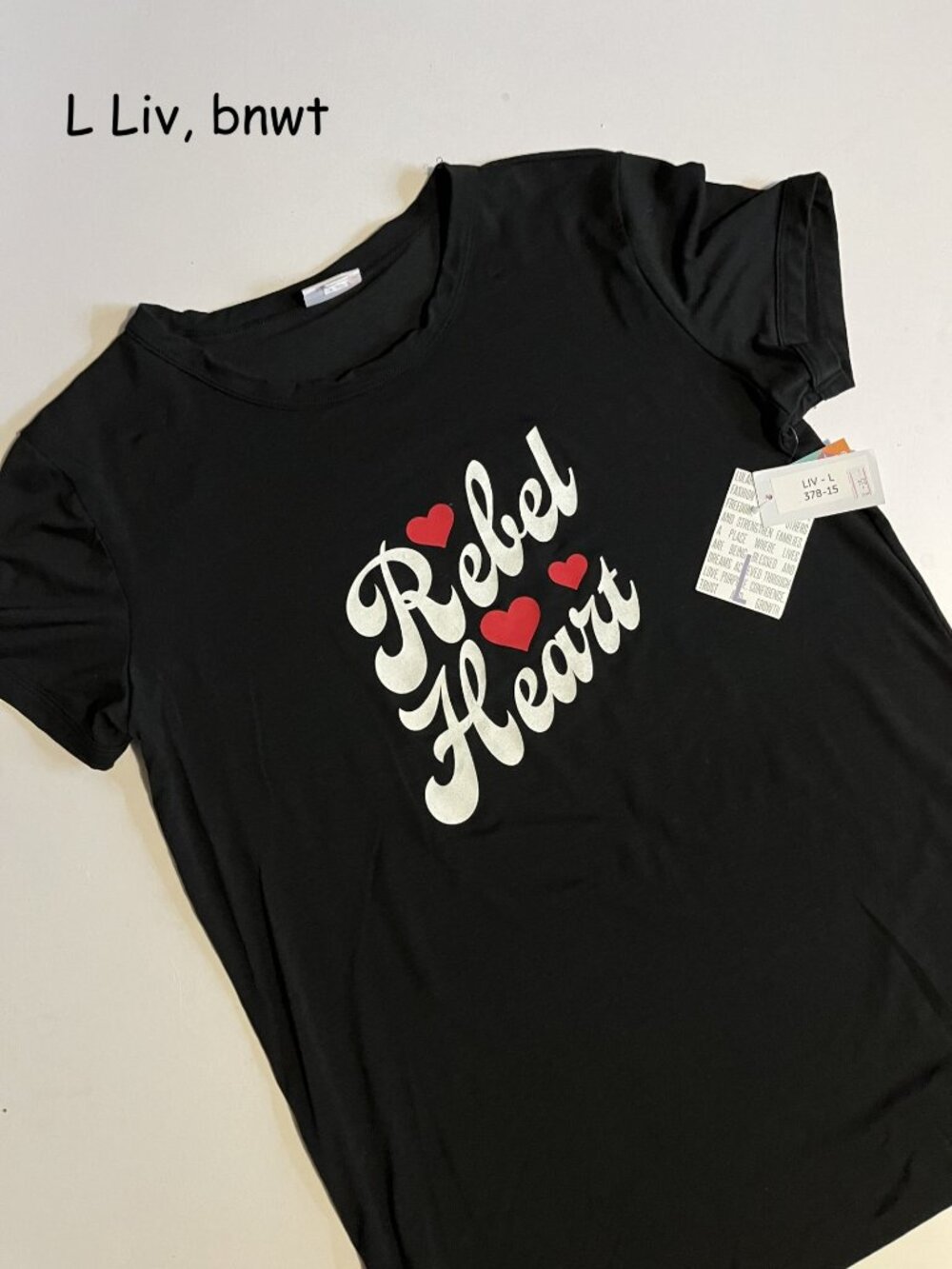 Large Lularoe Liv T, black with white Rebel Heart, red hearts